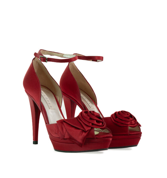 FH778-Zapato pulsera alto plataforma con flor en raso rojo
