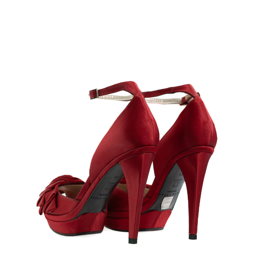 FH778-Zapato pulsera alto plataforma con flor en raso rojo