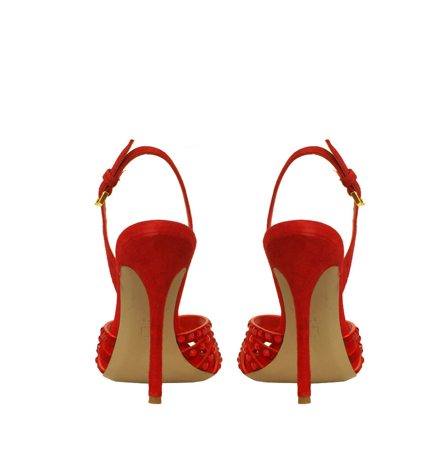 Sandalia alta con cristal en ante rojo