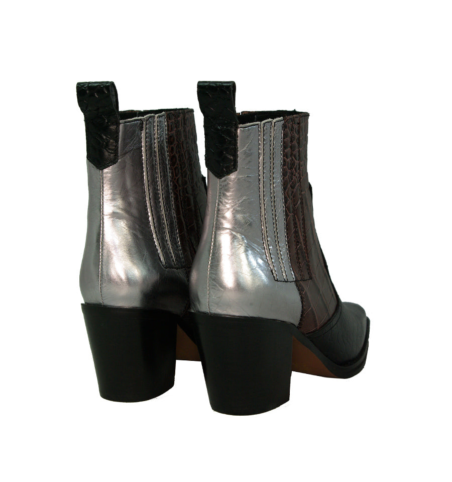 Botín cowboy tricolor combinado negro+marron+plata