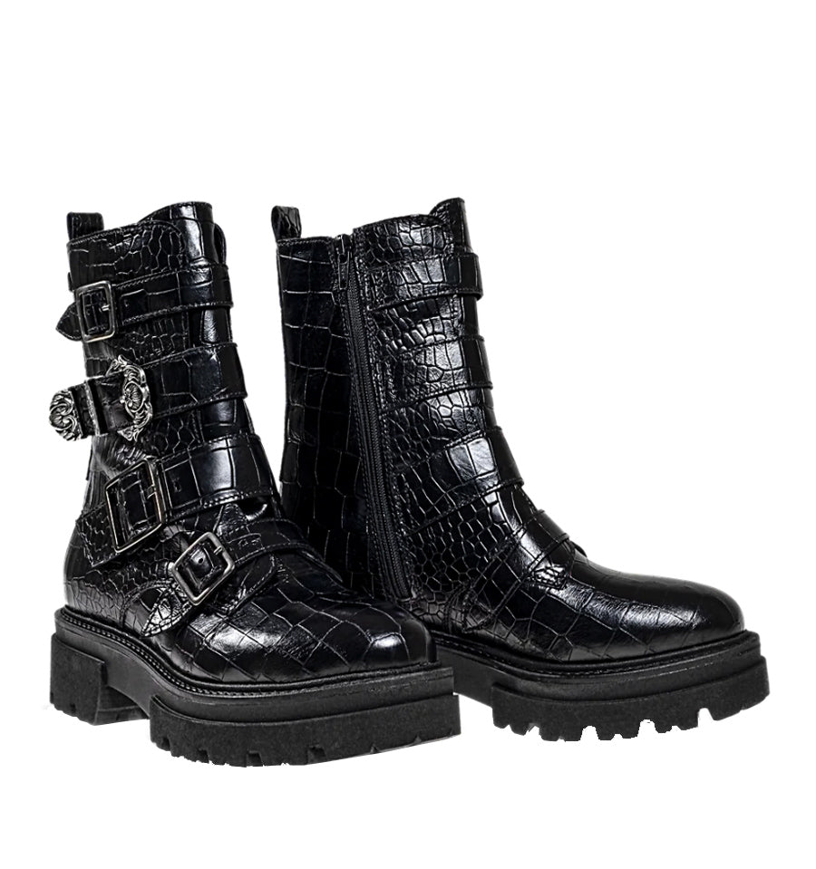 Botín tipo militar con hebillas en coco negro