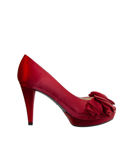 FH802-Peep-toes medio plataforma con flor en raso rojo