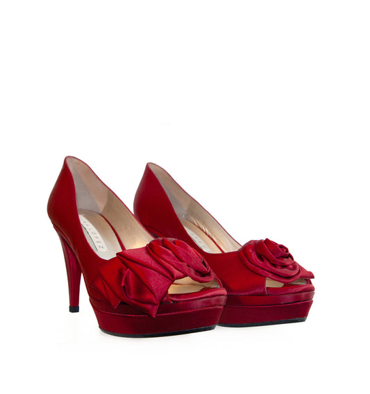 FH802-Peep-toes medio plataforma con flor en raso rojo