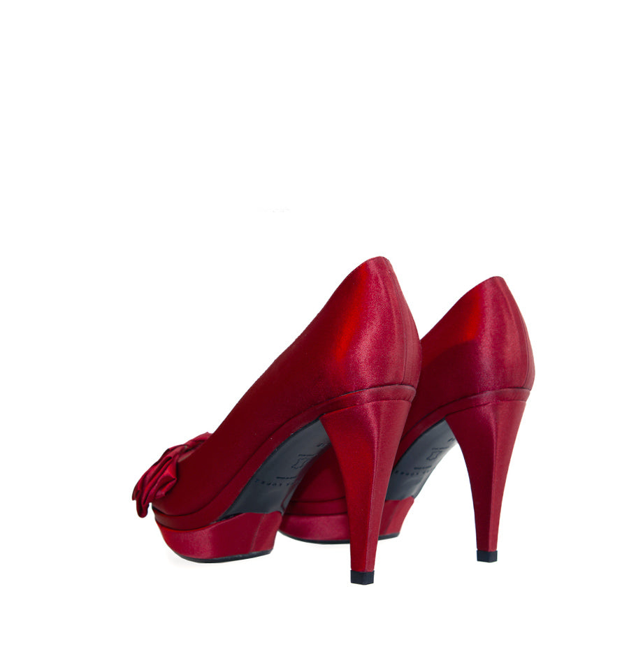 FH802-Peep-toes medio plataforma con flor en raso rojo