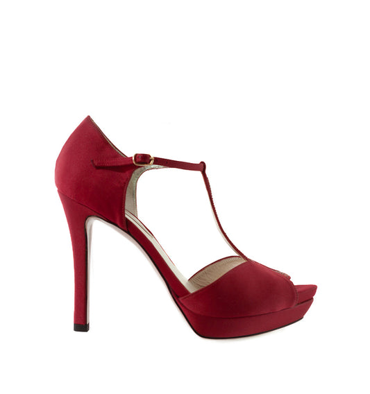 FL709- Sandalia alta plataforma con cristal en raso rojo