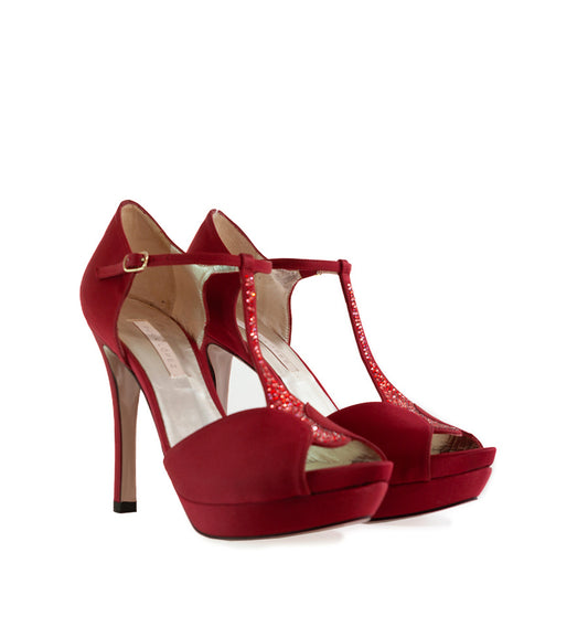 FL709- Sandalia alta plataforma con cristal en raso rojo