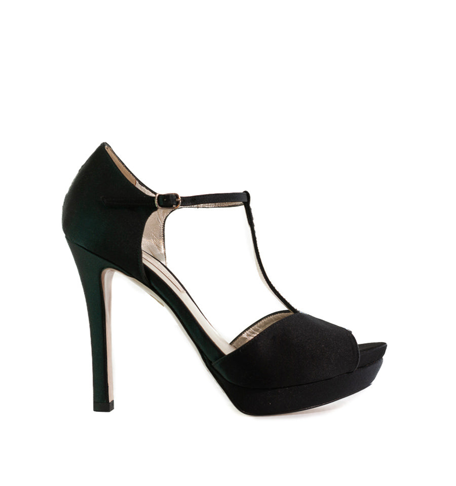 FL709- Sandalia alta plataforma con cristal en raso negro