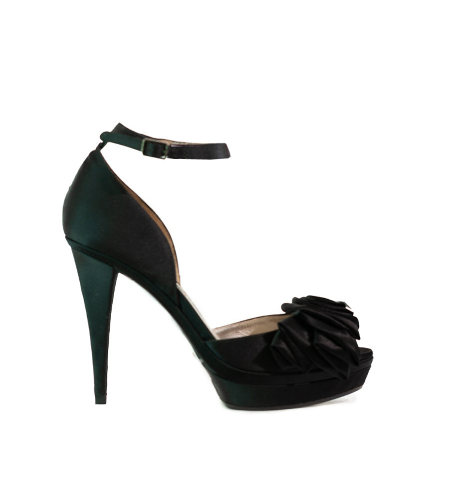 FH778-Zapato pulsera alto plataforma con flor en raso negro