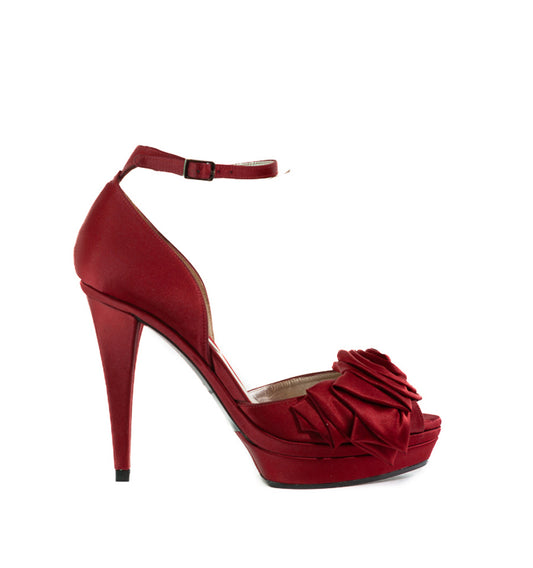 FH778-Zapato pulsera alto plataforma con flor en raso rojo