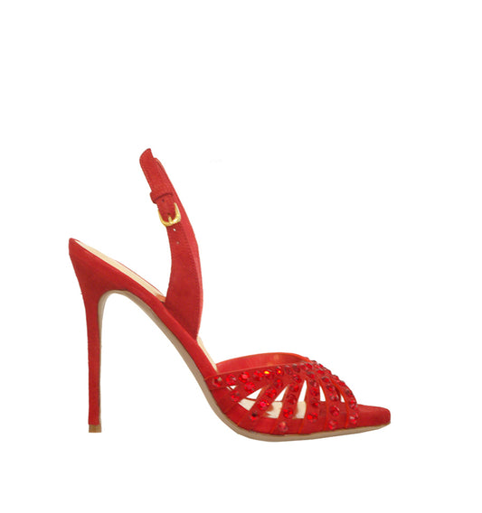 Sandalia alta con cristal en ante rojo