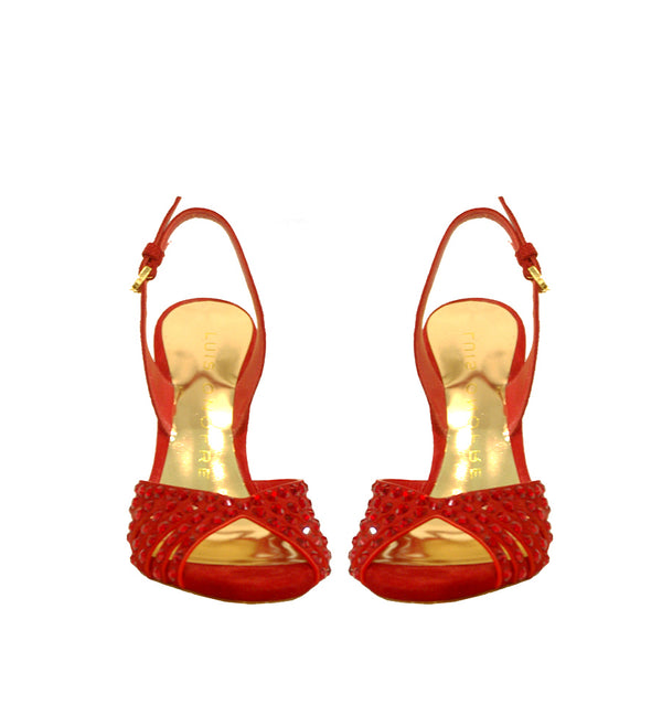 Sandalia alta con cristal en ante rojo