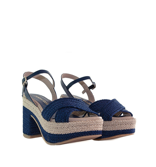 CRISTINA- Sandalia plataforma en rafia combi azul