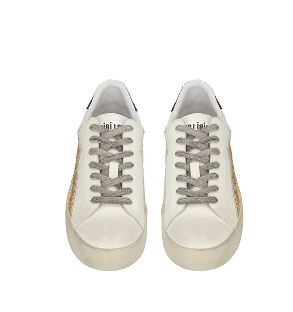 Sneaker con cristal oro y cordón envejecido