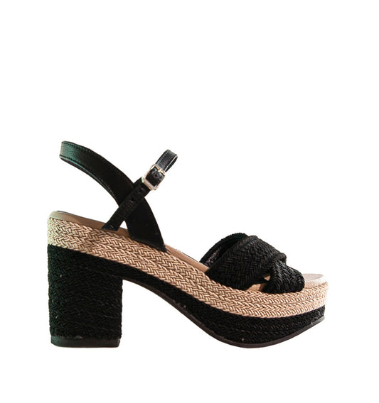 CRISTINA- Sandalia plataforma en rafia combi negro
