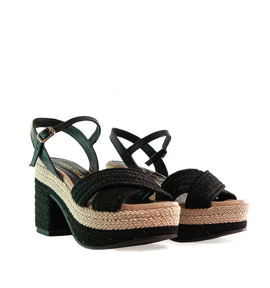 CRISTINA- Sandalia plataforma en rafia combi negro