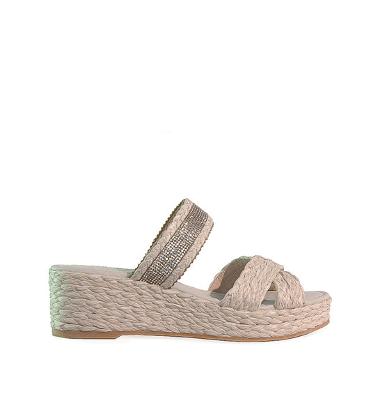BIMBA-Cuña plataforma con strass en rafia visón