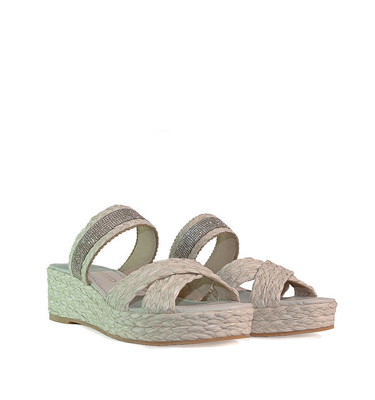 BIMBA-Cuña plataforma con strass en rafia visón