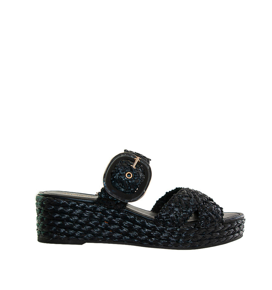 NILO- Cuña plataforma con hebilla en rafia negro