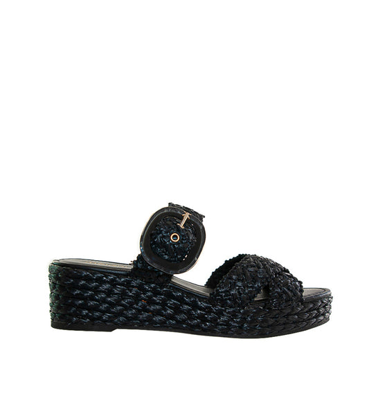 NILO- Cuña plataforma con hebilla en rafia negro