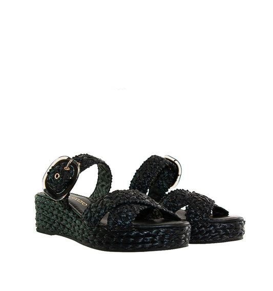 NILO- Cuña plataforma con hebilla en rafia negro