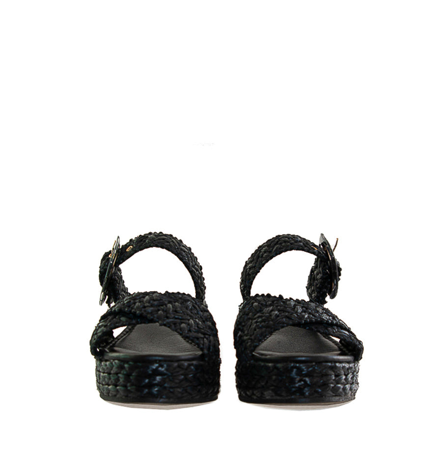 NILO- Cuña plataforma con hebilla en rafia negro