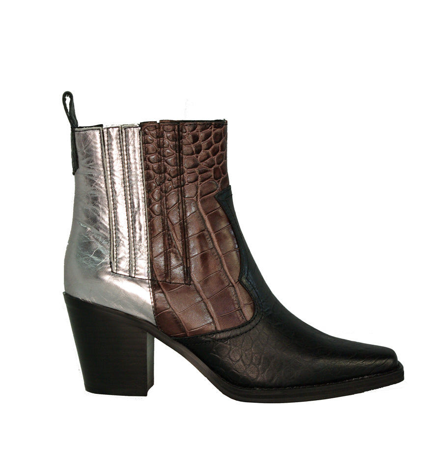 Botín cowboy  tricolor combinado negro+marron+plata