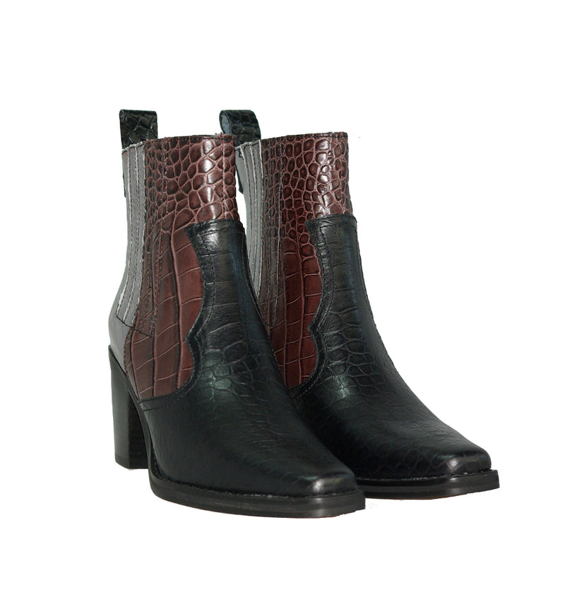 Botín cowboy  tricolor combinado negro+marron+plata
