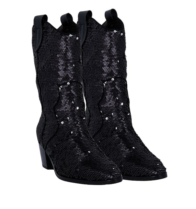 Bota cowboy de lentejuelas en negro