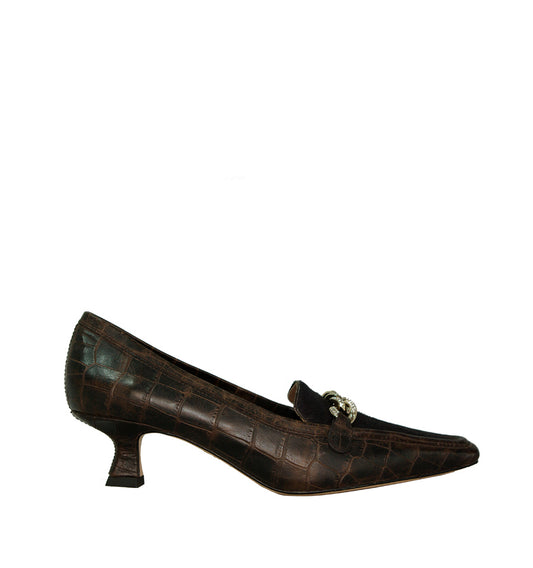 Mocasín con cadena combi piel/pony en marron