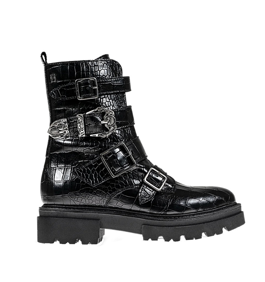Botín tipo militar con hebillas en coco negro