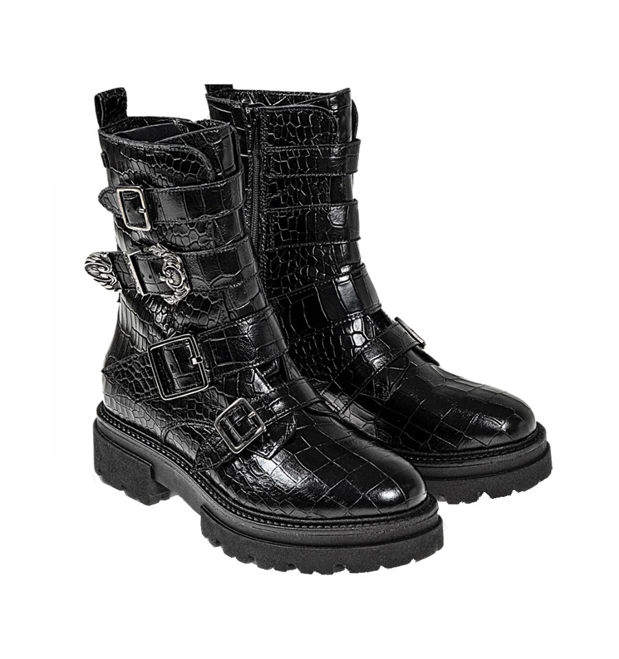 Botín tipo militar con hebillas en coco negro