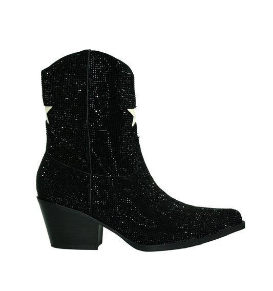 Botín cowboy de cristal negro con estrella en blanco