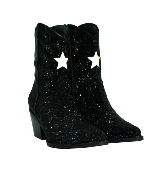 Botín cowboy de cristal negro con estrella en blanco