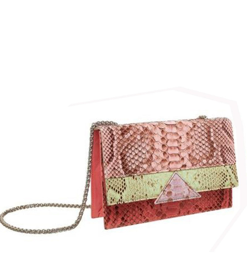Bolso tricolor en serpiente rosa/ verde/ coral
