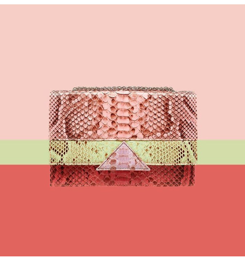 Bolso tricolor en serpiente rosa/ verde/ coral